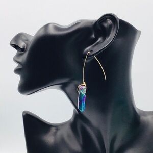GEM Earrings Quartz Crystal Points Titanium Oil Slick Coating Ear Wire Boho